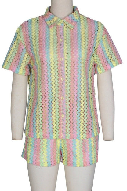 Crochet Chevron Short Sleeve Button-Down & Shorts Set Lavish Daily