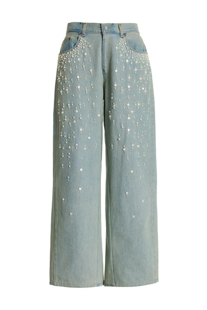 Pearl & Rhinestone Embellished Wide Leg Jeans LavishDaily