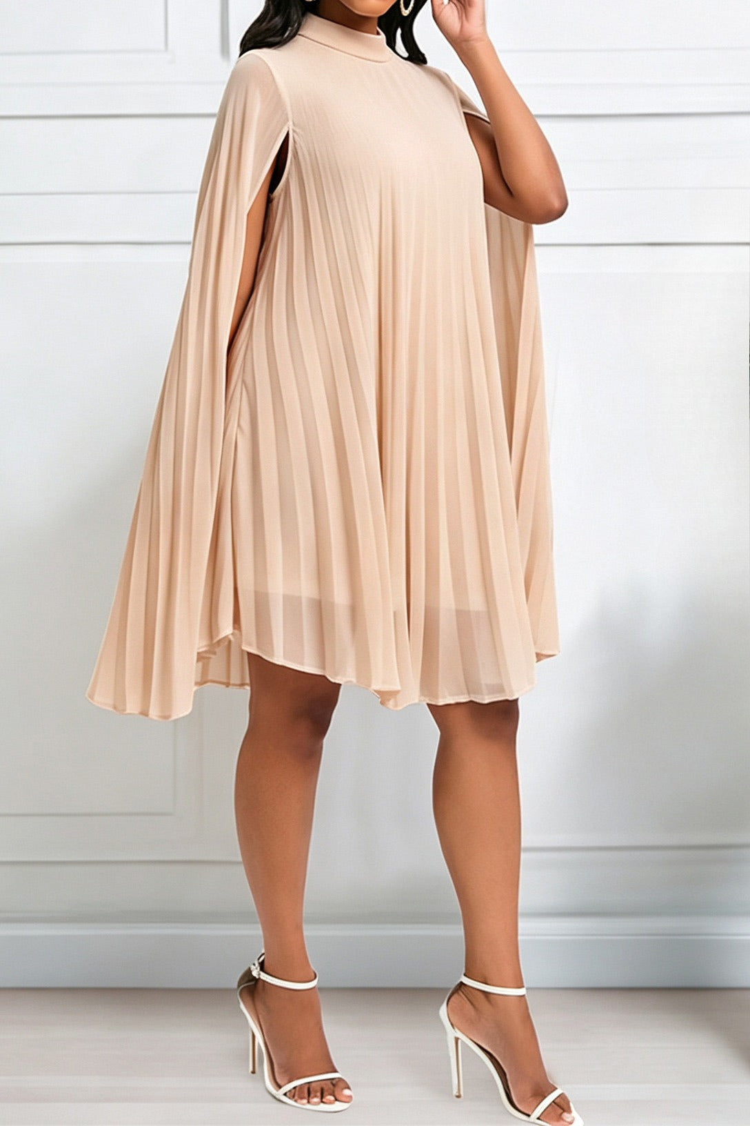 Pleated Cape Sleeve A Line Midi Dress Lavish Daily