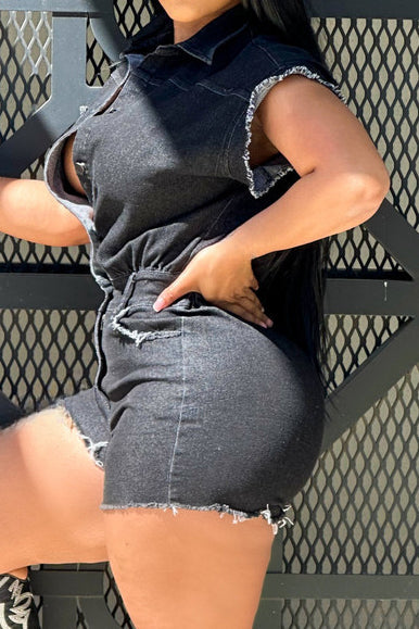 Denim Washed Distressed Romper Lavish Daily