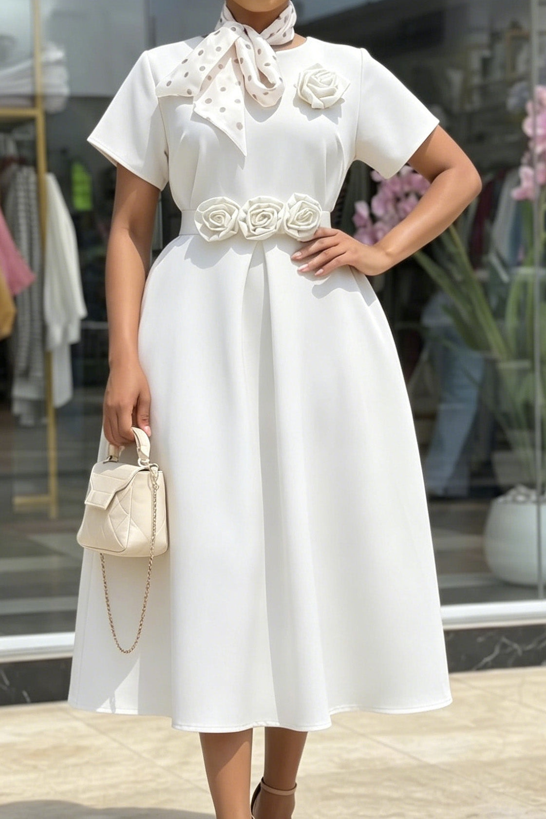 3D Rosette Belted A-Line Midi Dress Lavish Daily