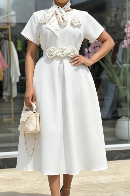 3D Rosette Belted A-Line Midi Dress Lavish Daily