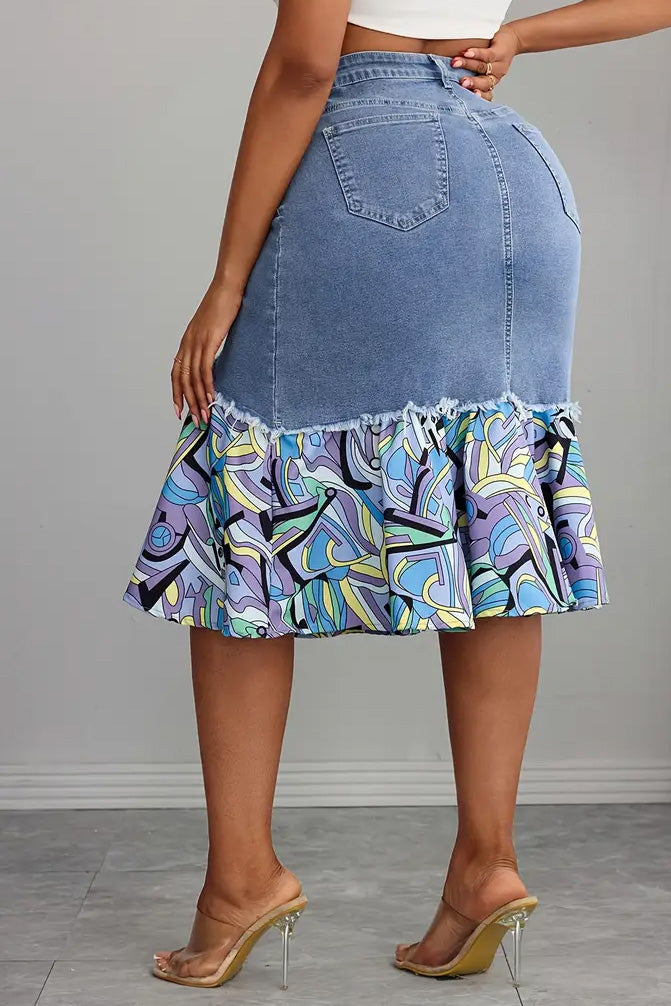 Plus Size Floral Patchwork Denim Skirt Lavish Daily