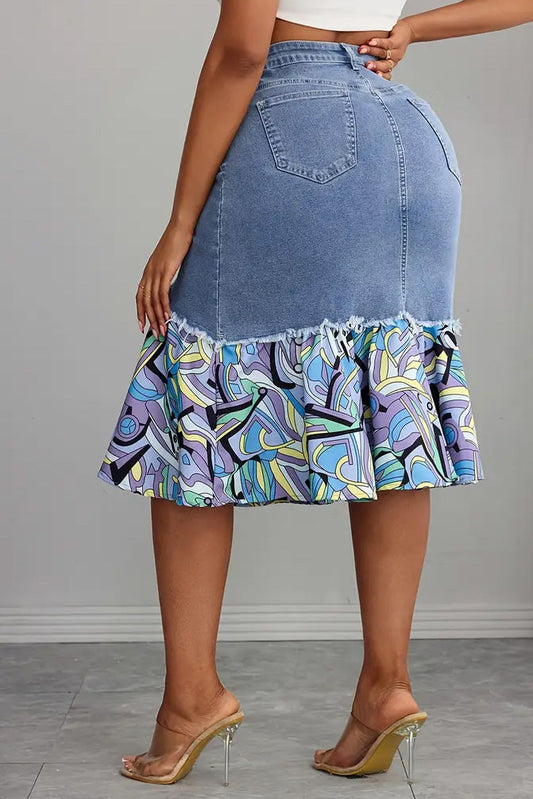 Plus Size Floral Patchwork Denim Skirt Lavish Daily