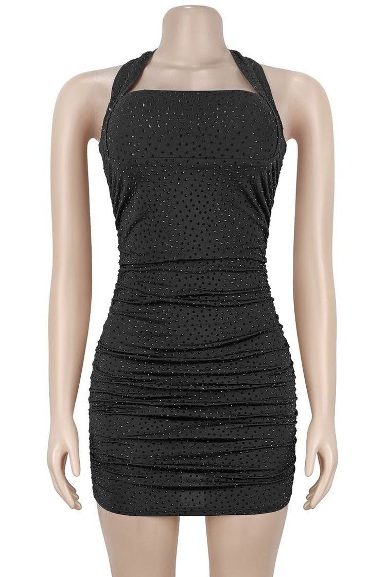 Rhinestone Ruched Halter Mini Dress Lavish Daily