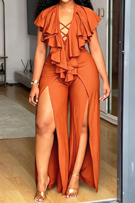 Ruffle Lace-Up High Slit Jumpsuit Lavish Daily