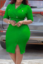 Solid Color Button Lapel Tight Dress Lavish Daily