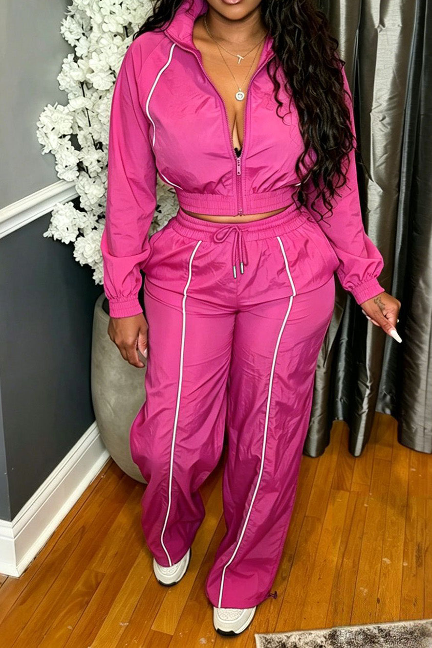 Zip-Front Piped Top & Wide-Leg Pants Set Lavish Daily