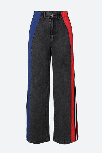 Wide Jeans with Wide Contrast Side Lines-Black Lavish Daily