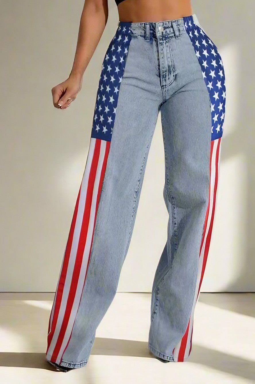 American Flag Print Light Wash Jeans Lavish Daily