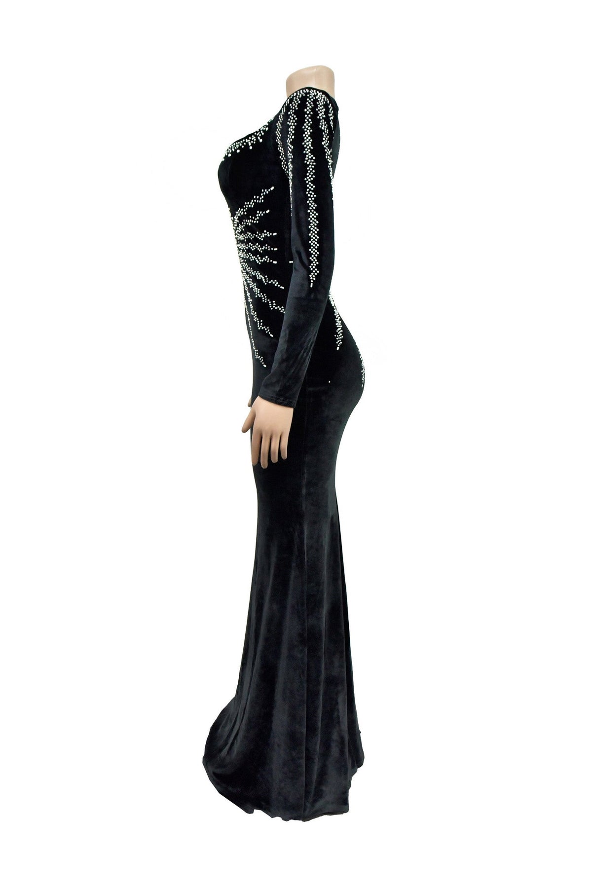 Rhinestone Plunge Illusion Velvet Maxi Dress Lavish Daily