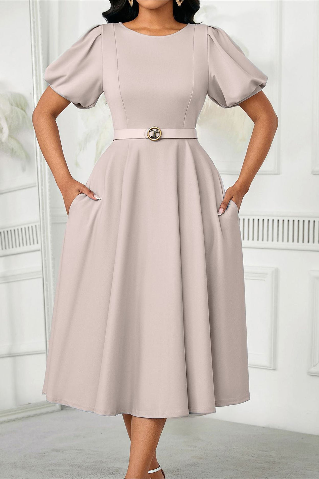 Puff Sleeve High Waist Solid Round Neck Dress Lavish Daily
