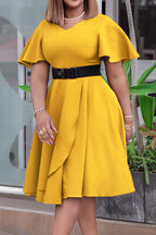 Bell Sleeve Solid Color Belt Dress Lavish Daily
