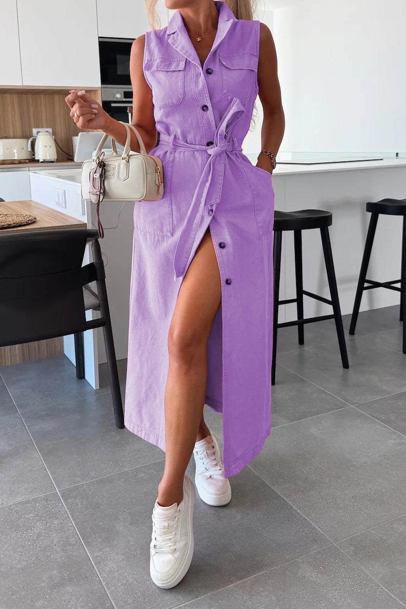 Sleeveless Belted Utility Maxi Shirt Dress Lavish Daily