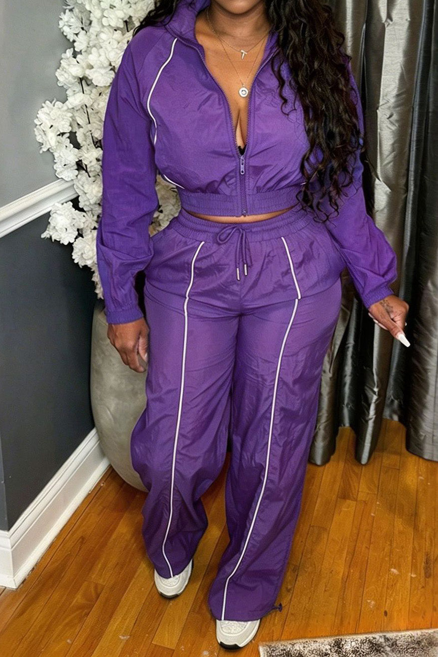 Zip-Front Piped Top & Wide-Leg Pants Set Lavish Daily