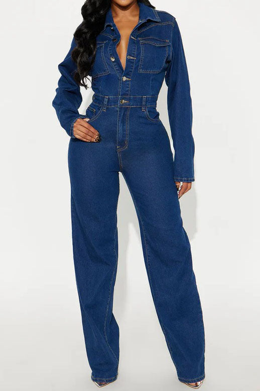 Stretch Flare Leg Long Sleeve Denim Jumpsuit Lavish Daily