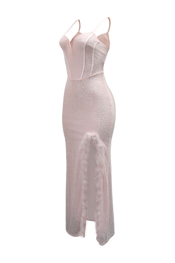 Feather Trim Sequin Gown Lavish Daily