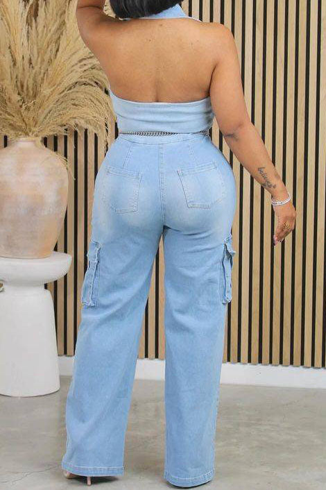 Multi Pocket Denim Halter Backless Jumpsuits Lavish Daily