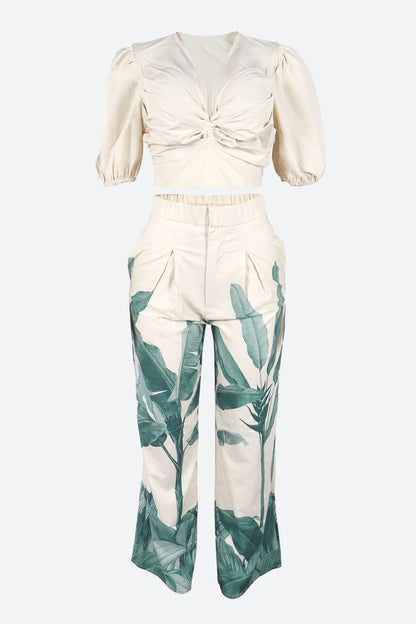 Printed V-Neck Wide-Leg Pants Set Lavish Daily