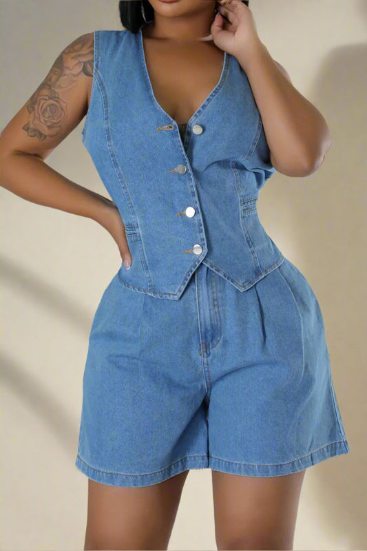 Denim Vest Shorts Matching Set Lavish Daily