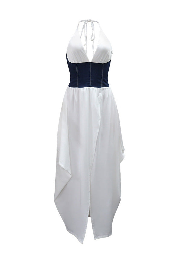 Slim Fit Denim Patchwork Deep V Slit Dress Lavish Daily