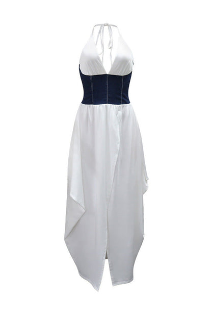 Slim Fit Denim Patchwork Deep V Slit Dress Lavish Daily