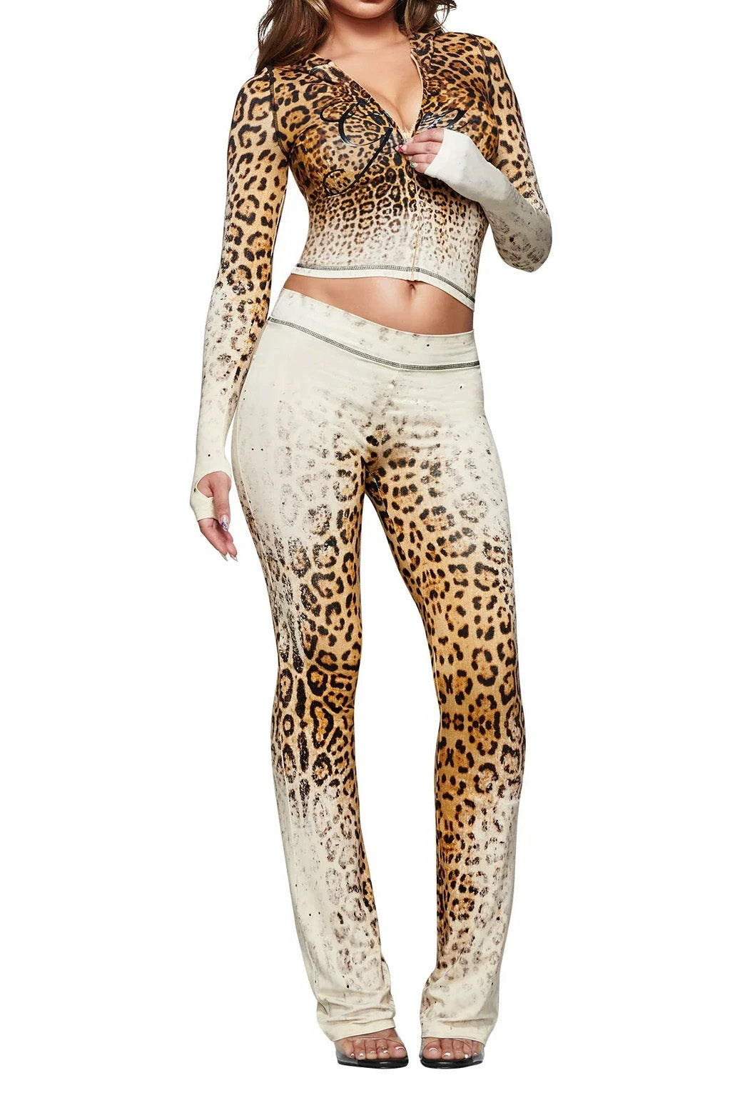 Printed Zip Hoodie Flare Pants Set Lavish Daily