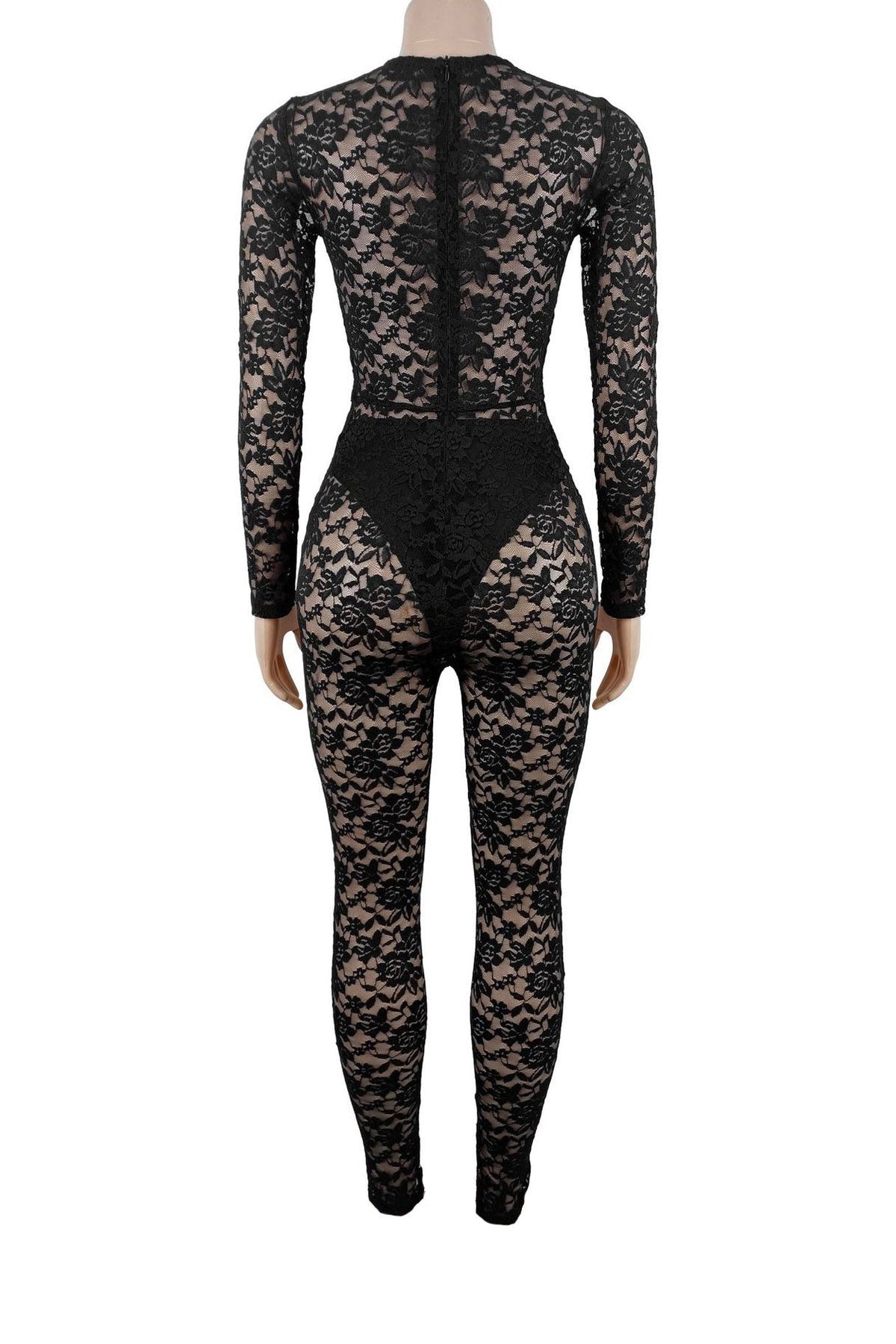 Sheer Lace Long-Sleeve Cutout Jumpsuit Lavish Daily