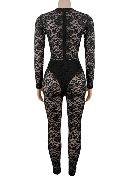 Sheer Lace Long-Sleeve Cutout Jumpsuit Lavish Daily