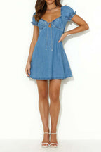 Lace-Up Hollow Out Puff Sleeve Denim Dress Lavish Daily