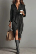 Single Breasted Pocket Shirt Style Midi Dress LavishDaily