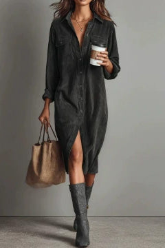Single Breasted Pocket Shirt Style Midi Dress LavishDaily
