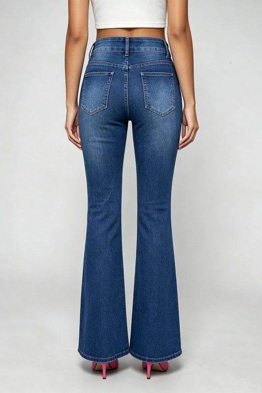 High Rise Double Button Flare Jeans Lavish Daily
