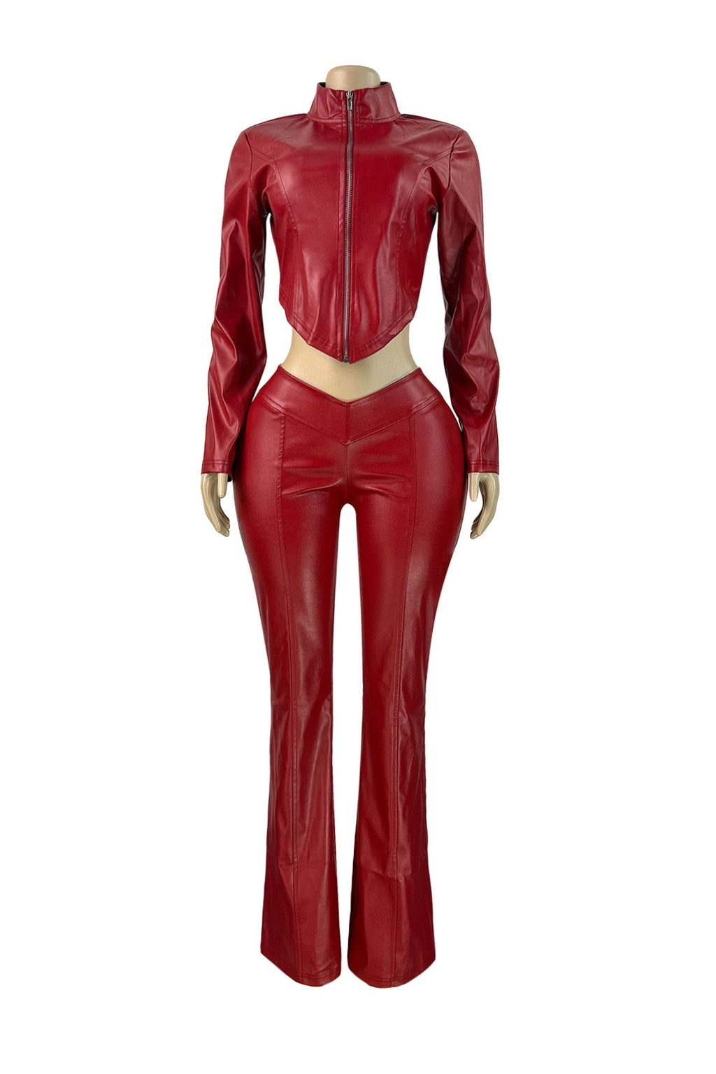Faux Leather Zip Jacket & Flare Pants Set Lavish Daily
