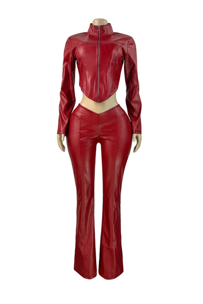 Faux Leather Zip Jacket & Flare Pants Set Lavish Daily