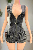 Waist-Cinched Denim Rompers Lavish Daily