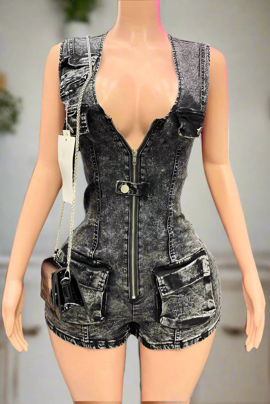 Waist-Cinched Denim Rompers Lavish Daily