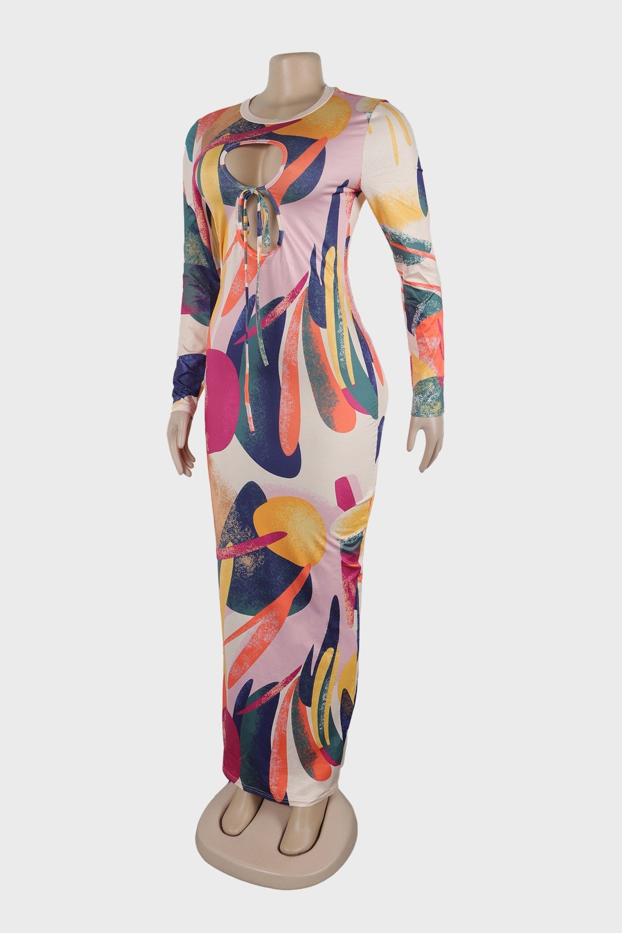 Print Hollow Bodycon Elastic Long Sleeve Dress Lavish Daily