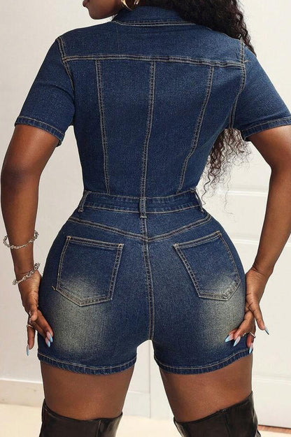 Short Sleeve Slim Fit Stretch Denim Romper Lavish Daily