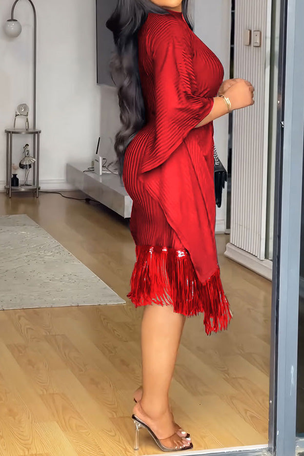 Sequin Fringe Batwing Sleeve Bodycon Dress Lavish Daily