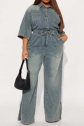 Stretch Denim Jumpsuit with Split Flare Legs Lavish Daily