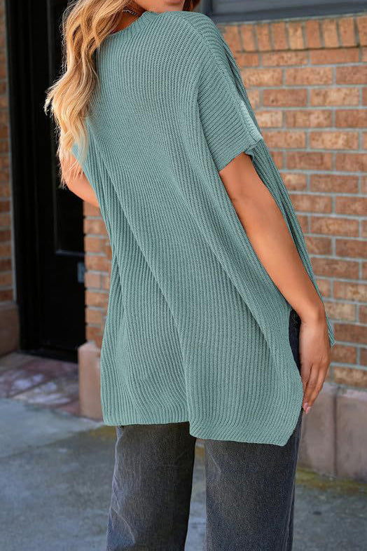 Short Sleeve Side Slit Oversized Sweater Lavish Daily