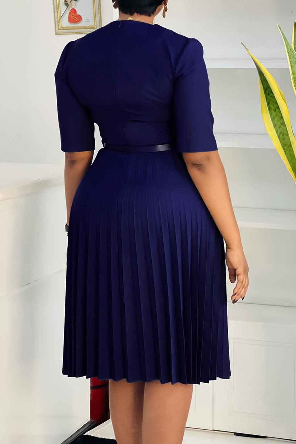 Solid Belted Pleated Dress Lavish Daily