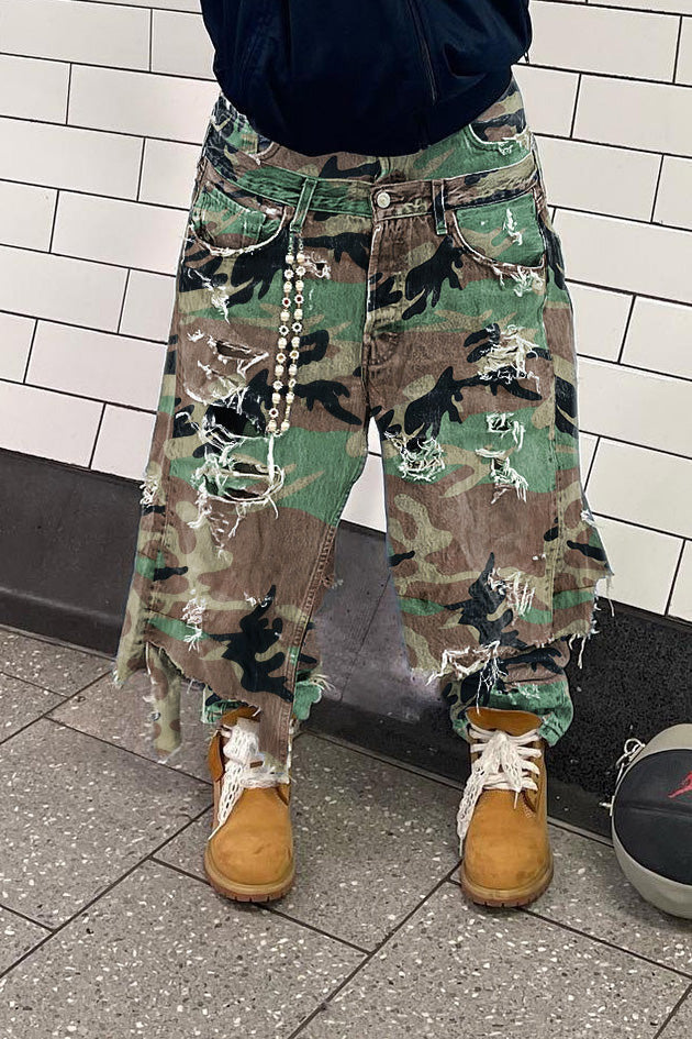 Camo Double Waist Ripped Jeans LavishDaily