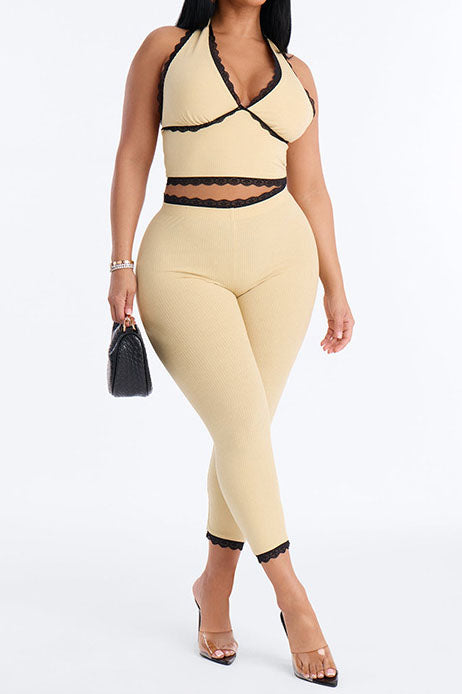 Lace Trim Ribbed Capri Set Lavish Daily