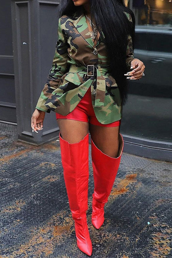 Belted Camo Button-Up Jacket Lavish Daily