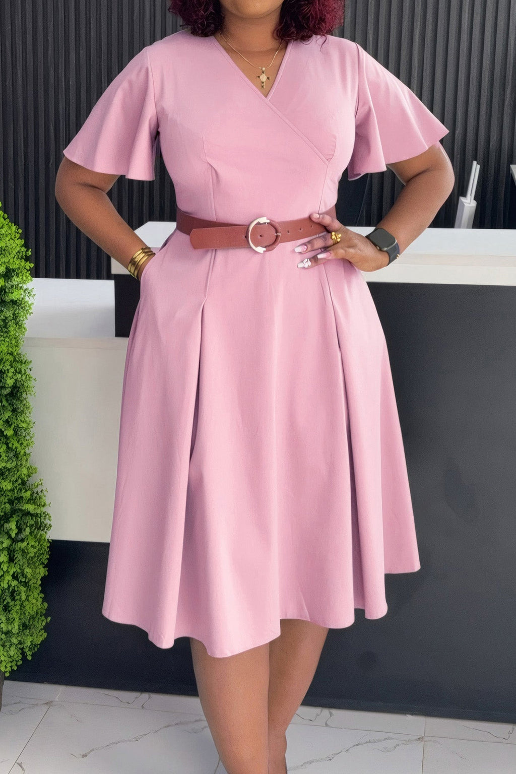 V-Neck Flare Sleeve Casual A-Line Dress Lavish Daily