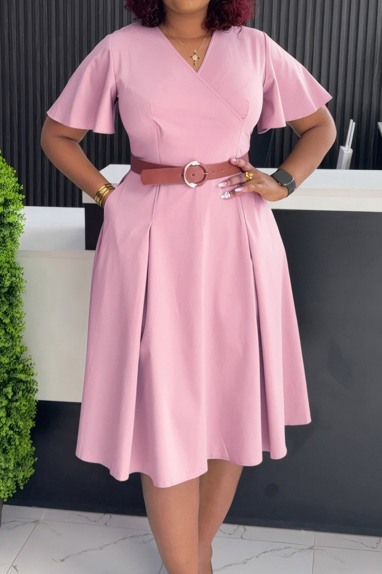 V-Neck Flare Sleeve Casual A-Line Dress Lavish Daily