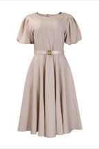 Puff-Sleeve Belted A-Line Midi Dress Lavish Daily