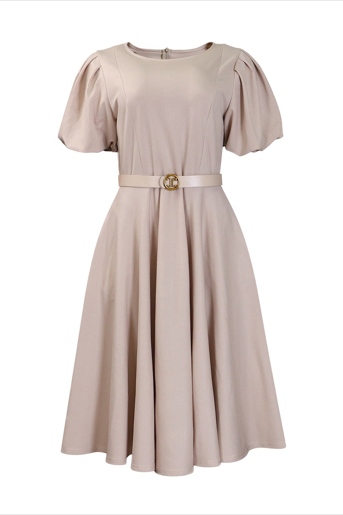 Puff-Sleeve Belted A-Line Midi Dress Lavish Daily